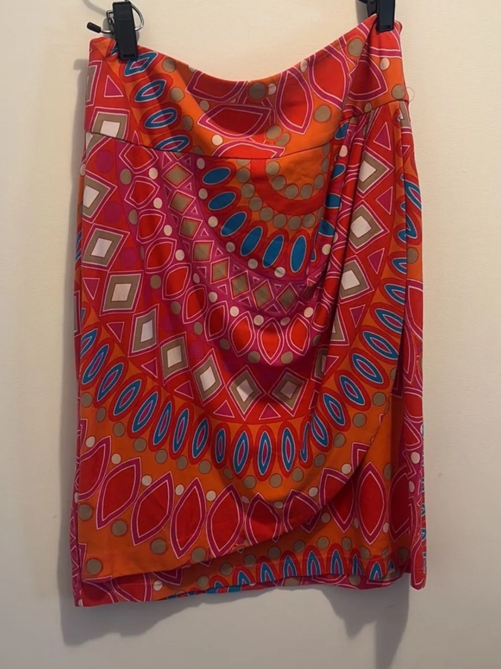 Kelly & Diane Stretchy Vibrant Geometric Orange & Pink Midi Skirt